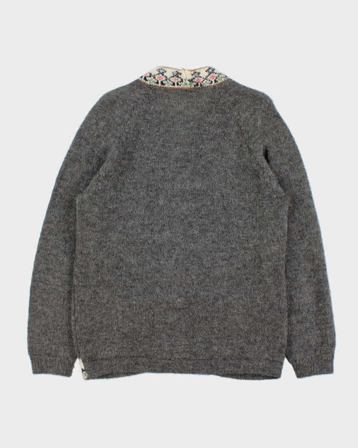 Vintage 1970s Hand Knit Alpaca Wool & Mohair Patterned Unisex Knit Cardigan - M