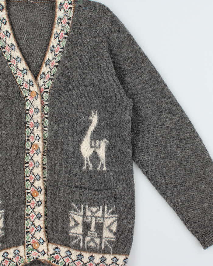Vintage 1970s Hand Knit Alpaca Wool & Mohair Patterned Unisex Knit Cardigan - M