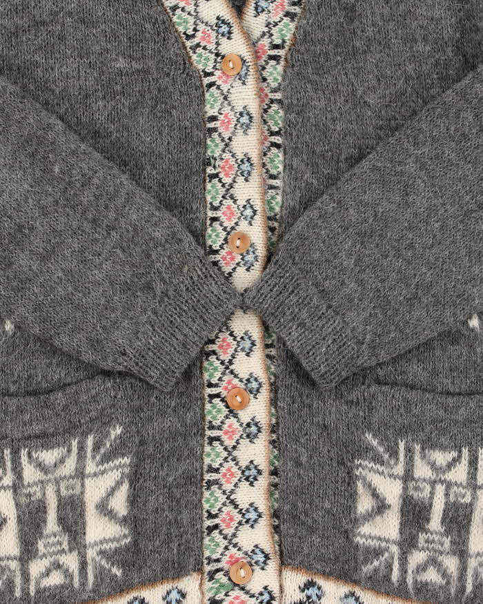 Vintage 1970s Hand Knit Alpaca Wool & Mohair Patterned Unisex Knit Cardigan - M