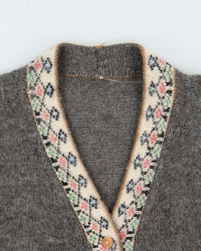 Vintage 1970s Hand Knit Alpaca Wool & Mohair Patterned Unisex Knit Cardigan - M