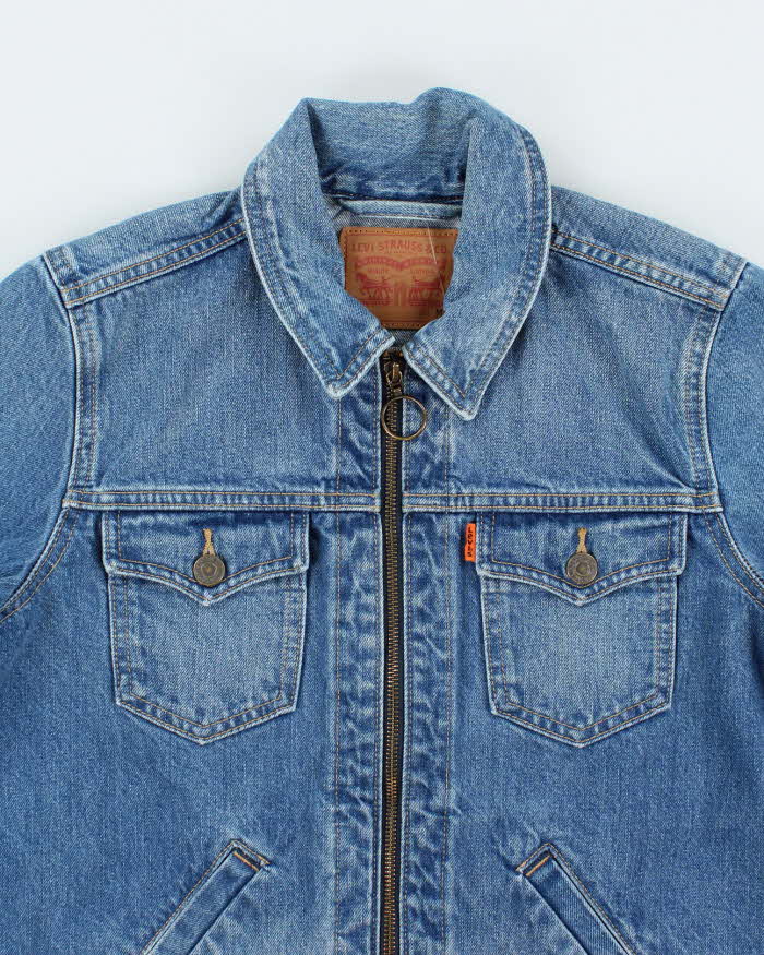 Vintage 90's Levi's Medium Wash Orange Tab Zip Up Denim Jacket - M