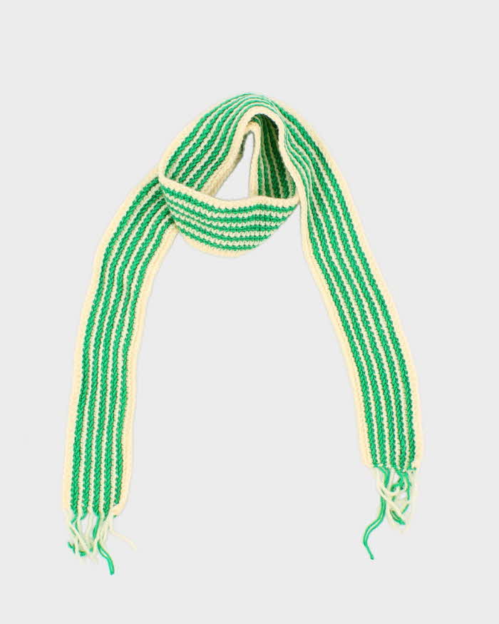 Vintage Hand Knit Green Striped Skinny Scarf