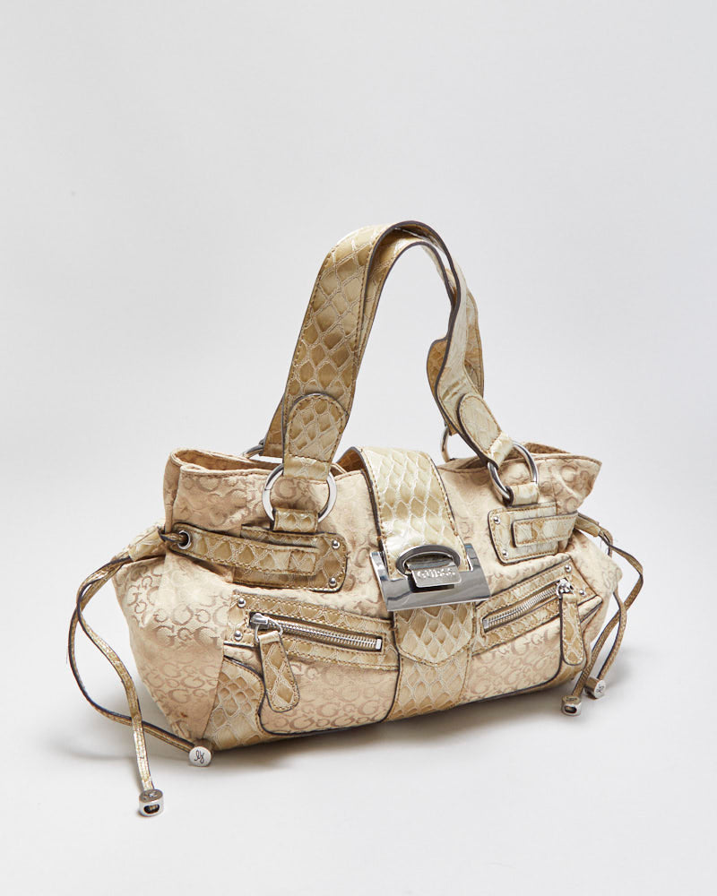 Vintage Y2K 00s Guess Snakeskin Monogram Multi Pocket Handbag