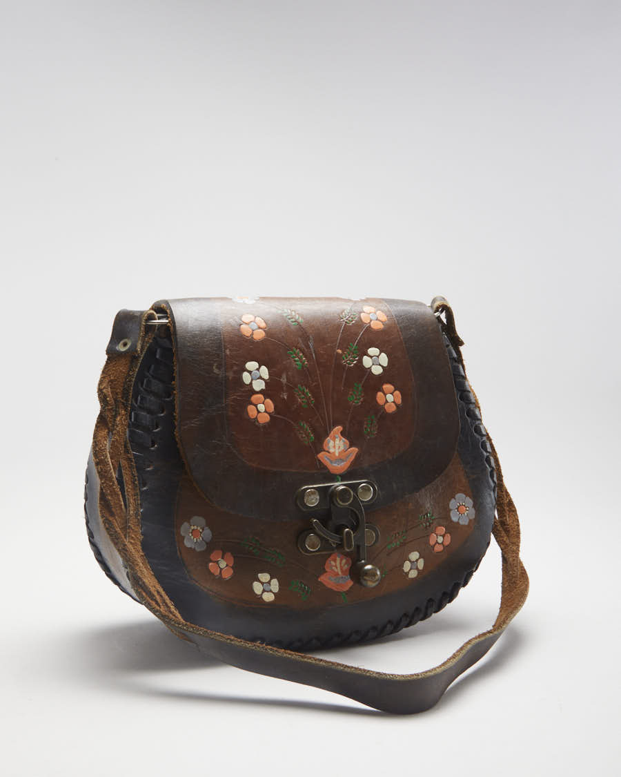 Vintage 70s Leather Handpainted Flower Bag - O/S