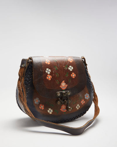 Vintage 70s Leather Handpainted Flower Bag - O/S