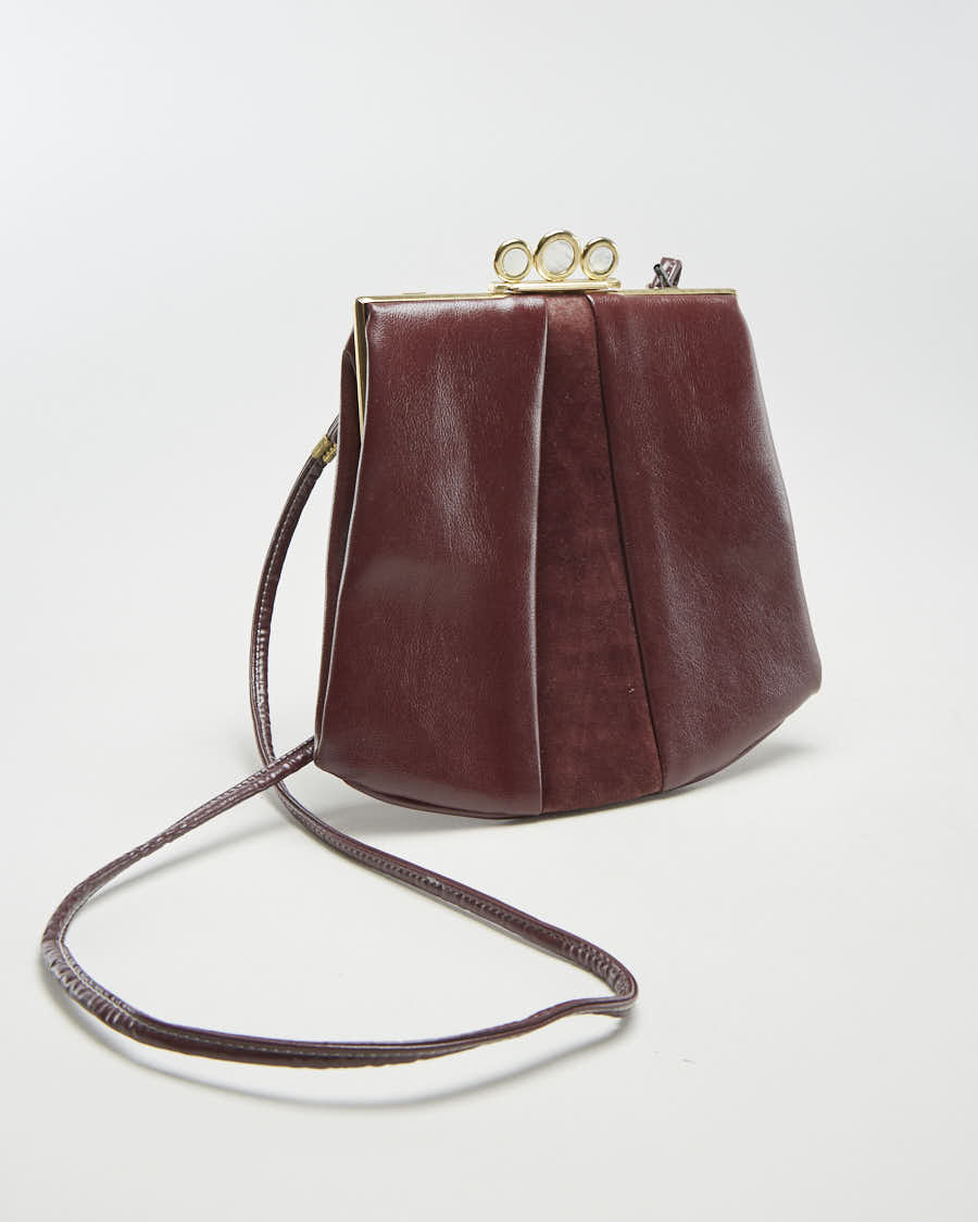 Vintage 60s Maroon Leather Crossbody Bag With Gold Clasp - O/S
