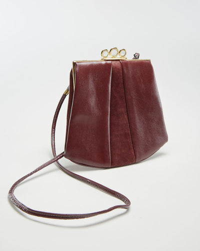 Vintage 60s Maroon Leather Crossbody Bag With Gold Clasp - O/S