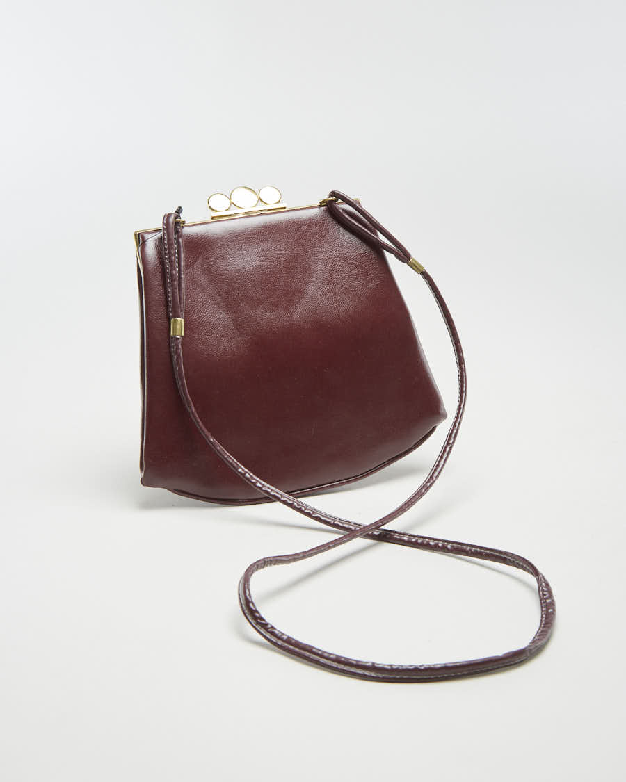 Vintage 60s Maroon Leather Crossbody Bag With Gold Clasp - O/S