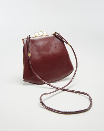 Vintage 60s Maroon Leather Crossbody Bag With Gold Clasp - O/S