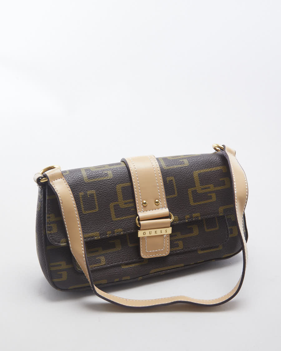 Y2K 00s Guess Brown Pleather Monogram Baguette - O/S