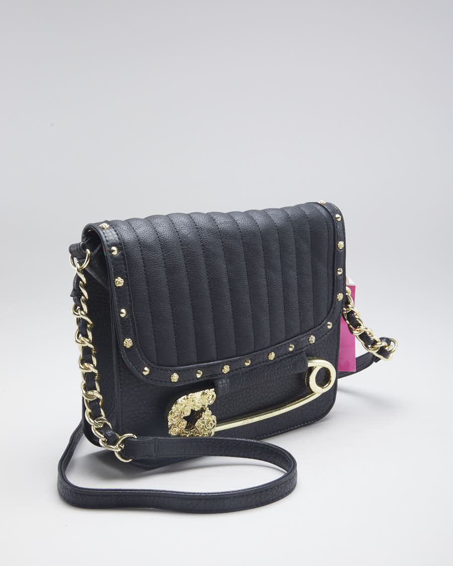 Betsey Johnson Black Pleather Gold Safety Pin Bag - O/S