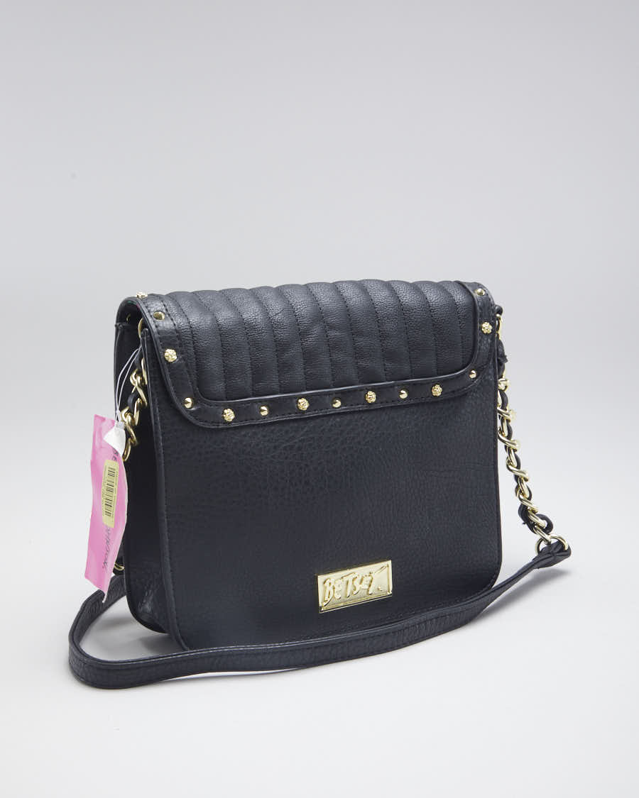 Betsey Johnson Black Pleather Gold Safety Pin Bag - O/S