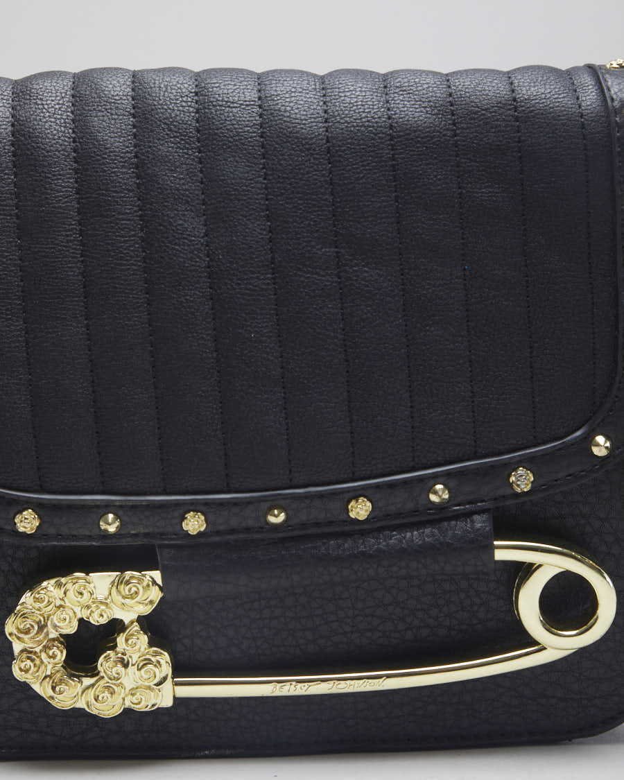 Betsey Johnson Black Pleather Gold Safety Pin Bag - O/S