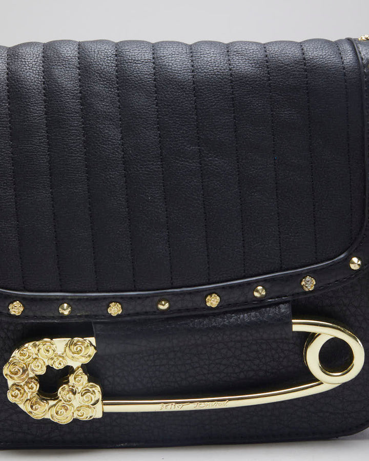 Betsey Johnson Black Pleather Gold Safety Pin Bag - O/S