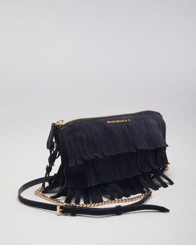 Y2k 00s Burberry Black Suede Fringe Crossbody Bag