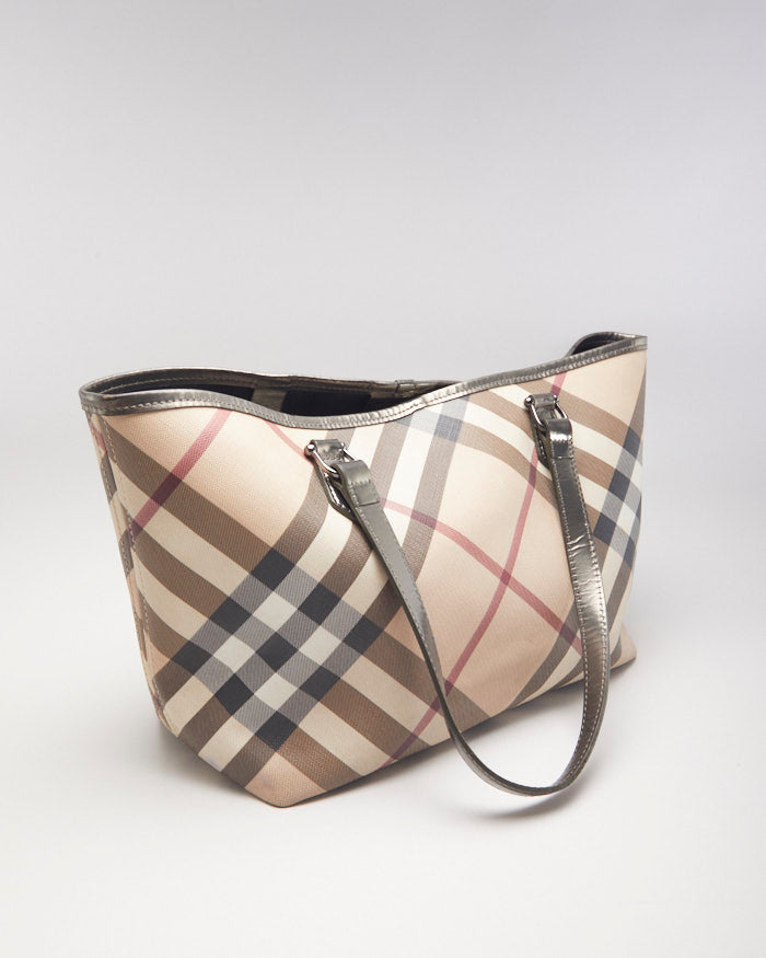 Burberry Nova Check Leather Tote With Metallic Straps