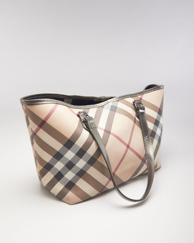 Burberry Nova Check Leather Tote With Metallic Straps