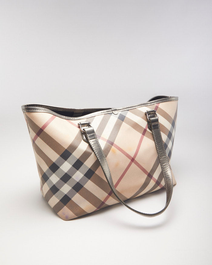 Burberry Nova Check Leather Tote With Metallic Straps