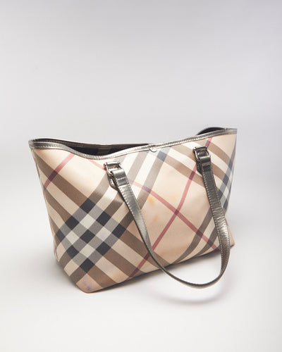 Burberry Nova Check Leather Tote With Metallic Straps