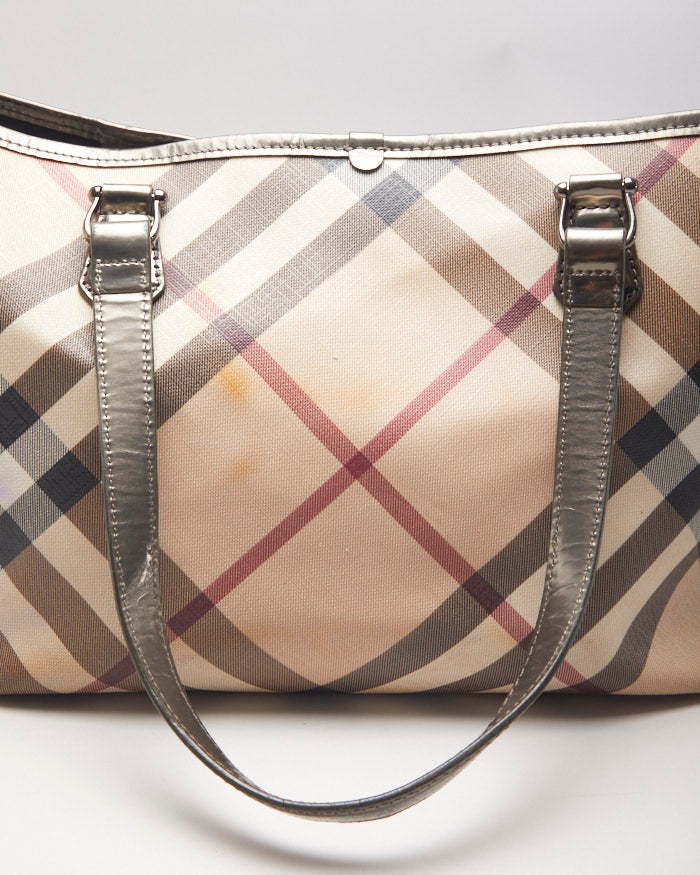 Burberry Nova Check Leather Tote With Metallic Straps