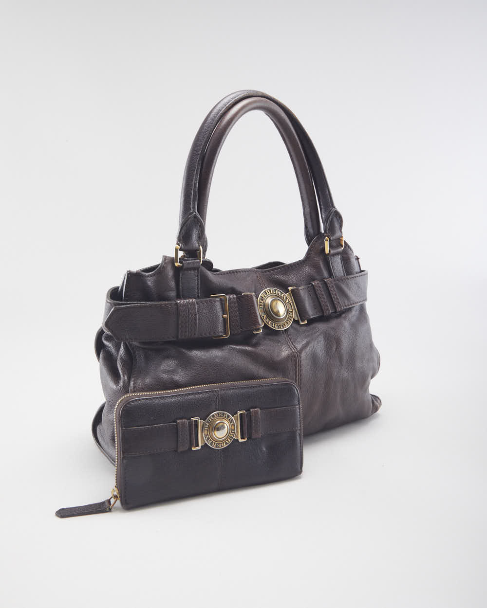 Vintage Burberry Brown Leather Handbag & Purse