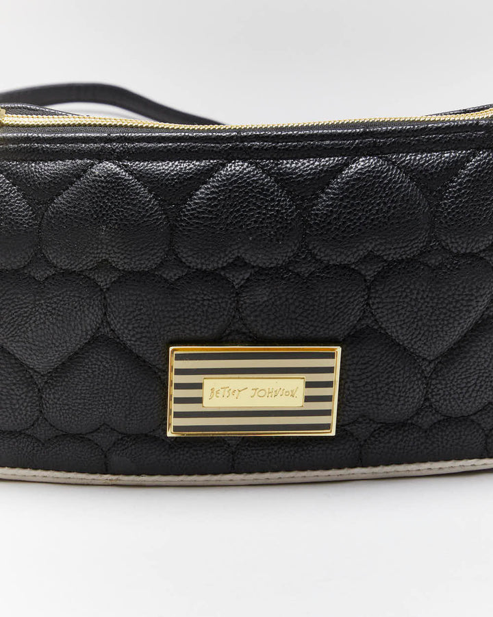 Betsey Johnson Black Leather Heart Quilted Cross-body Bag