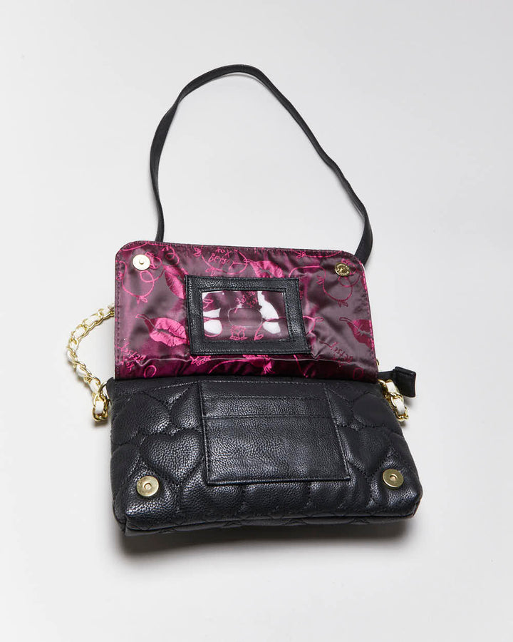 Betsey Johnson Black Leather Heart Quilted Cross-body Bag