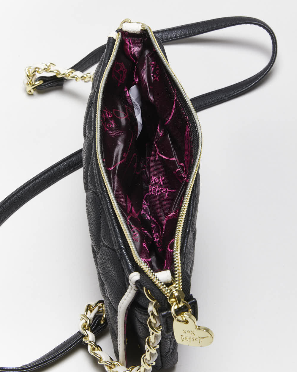 Betsey Johnson Black Leather Heart Quilted Cross-body Bag