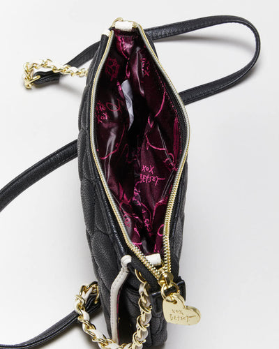Betsey Johnson Black Leather Heart Quilted Cross-body Bag