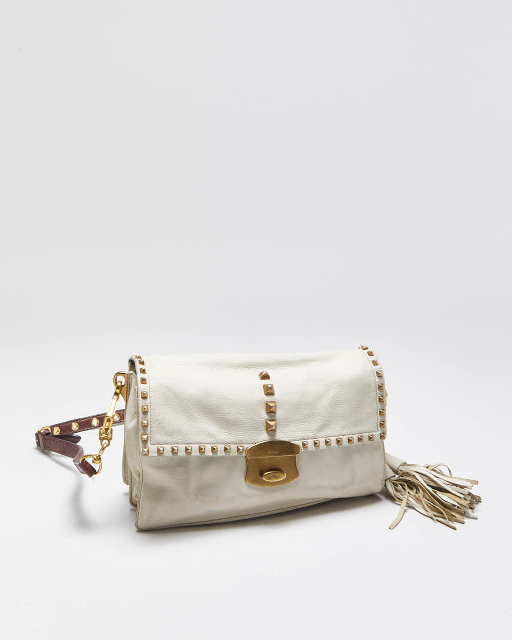 Vintage Y2K 00s Prada Studded Cream Vitello Leather Shoulder Bag
