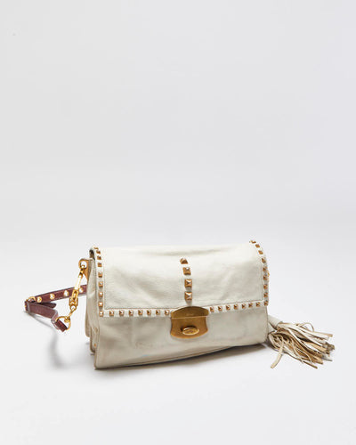 Vintage Y2K 00s Prada Studded Cream Vitello Leather Shoulder Bag