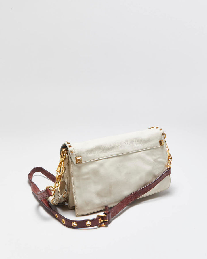 Vintage Y2K 00s Prada Studded Cream Vitello Leather Shoulder Bag