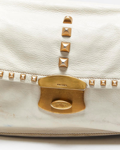 Vintage Y2K 00s Prada Studded Cream Vitello Leather Shoulder Bag