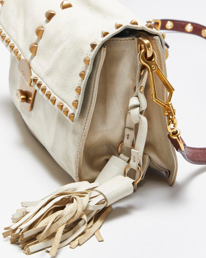 Vintage Y2K 00s Prada Studded Cream Vitello Leather Shoulder Bag