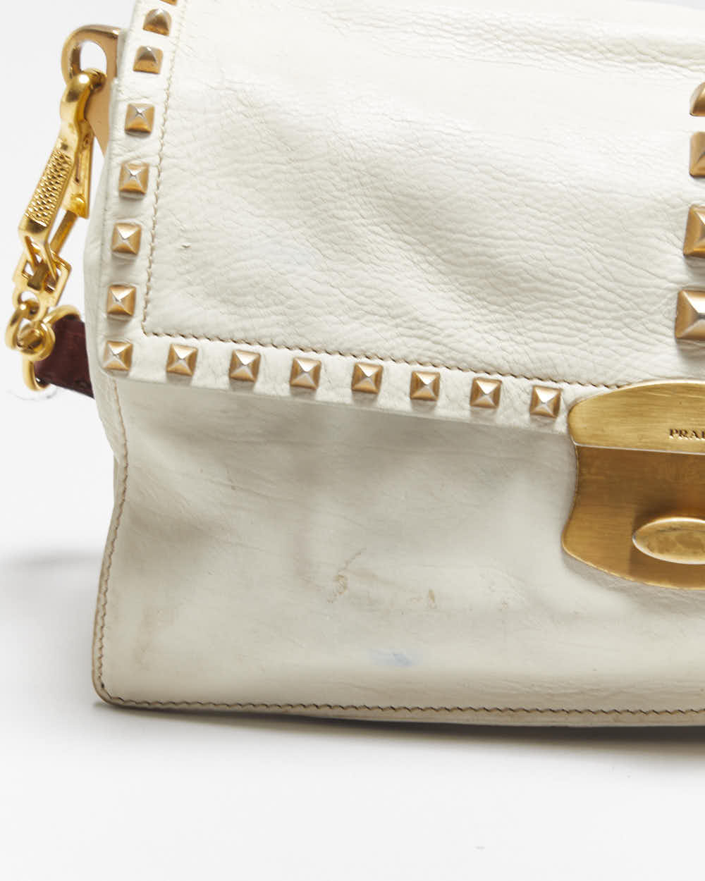 Vintage Y2K 00s Prada Studded Cream Vitello Leather Shoulder Bag
