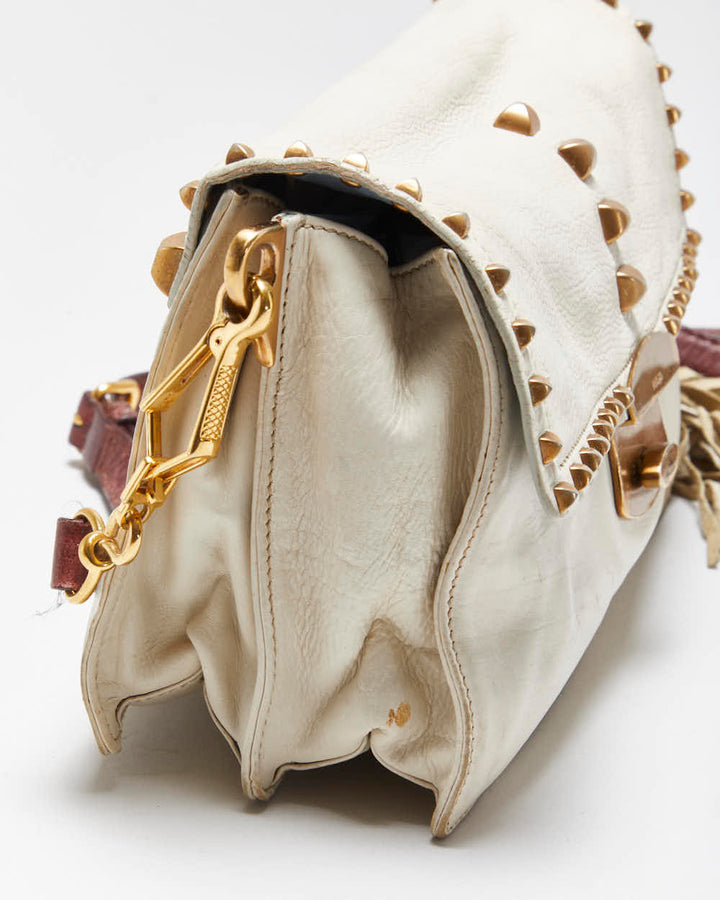 Vintage Y2K 00s Prada Studded Cream Vitello Leather Shoulder Bag
