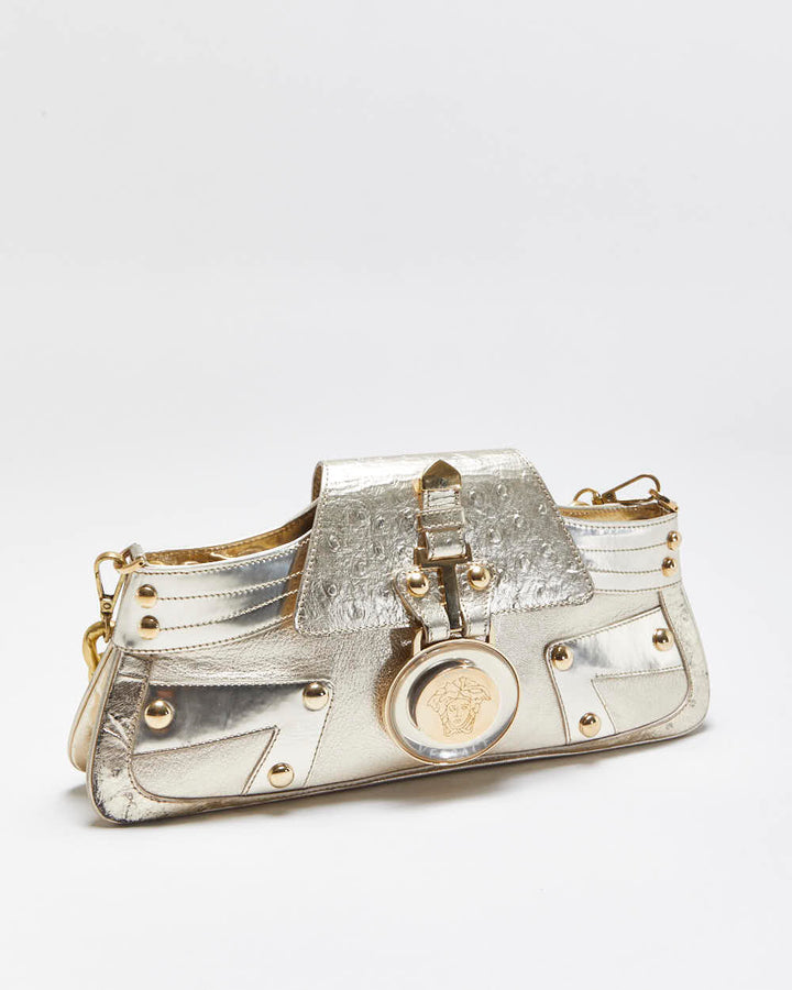 Vintage Versace La Medusa Ostrich Leather Metallic Baguette Shoulder Bag