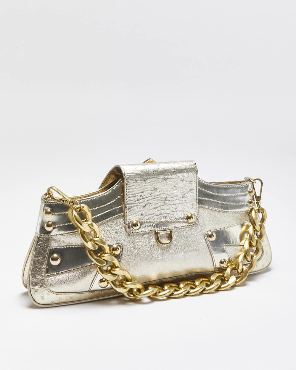 Vintage Versace La Medusa Ostrich Leather Metallic Baguette Shoulder Bag
