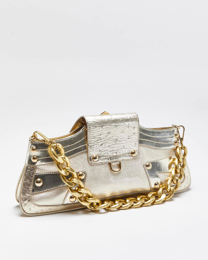 Vintage Versace La Medusa Ostrich Leather Metallic Baguette Shoulder Bag