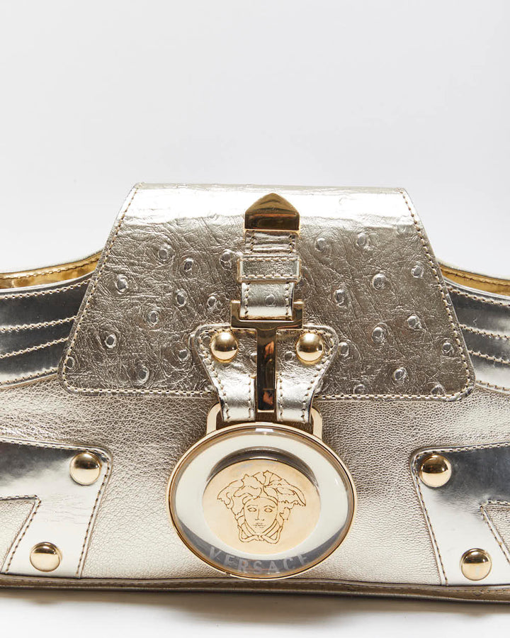 Vintage Versace La Medusa Ostrich Leather Metallic Baguette Shoulder Bag