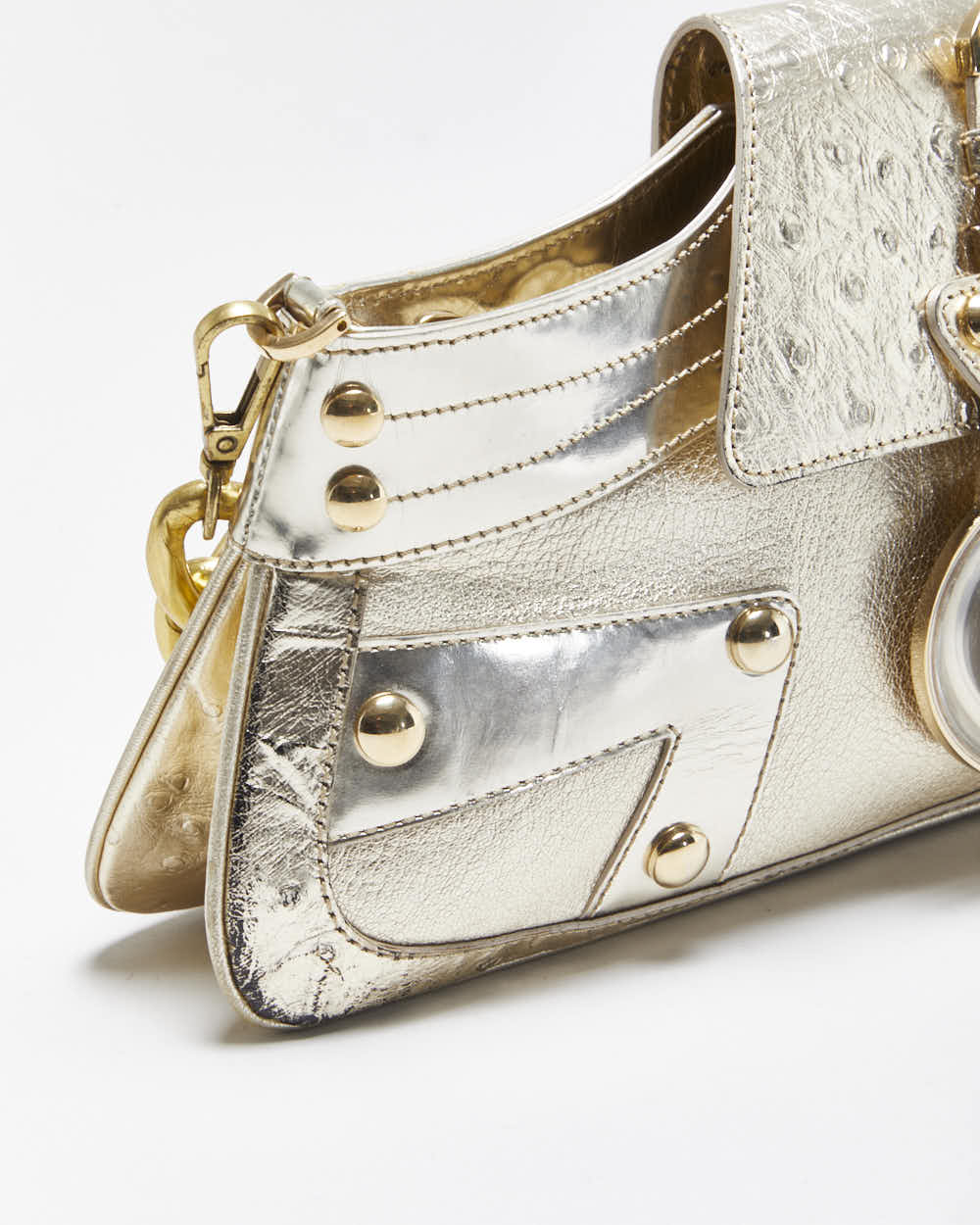 Vintage Versace La Medusa Ostrich Leather Metallic Baguette Shoulder Bag