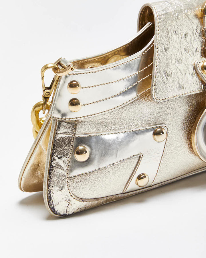Vintage Versace La Medusa Ostrich Leather Metallic Baguette Shoulder Bag