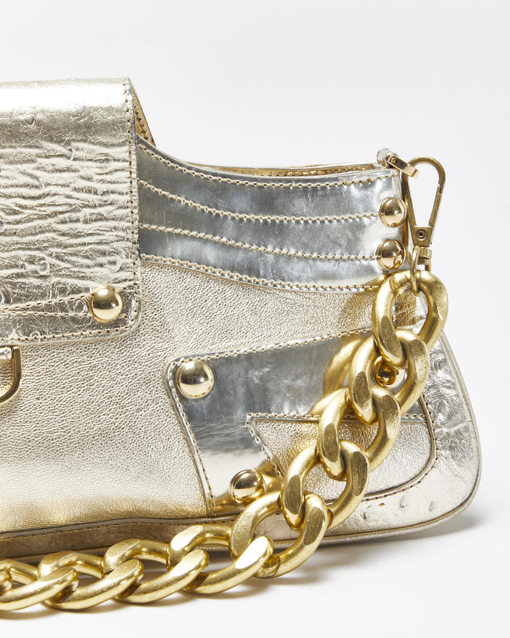 Vintage Versace La Medusa Ostrich Leather Metallic Baguette Shoulder Bag