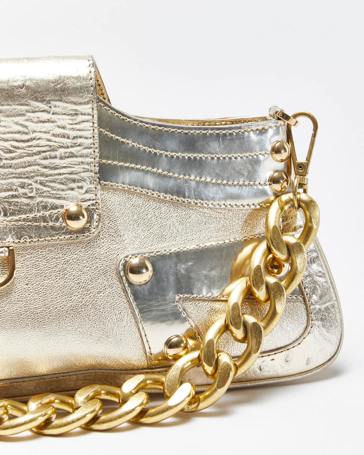 Vintage Versace La Medusa Ostrich Leather Metallic Baguette Shoulder Bag