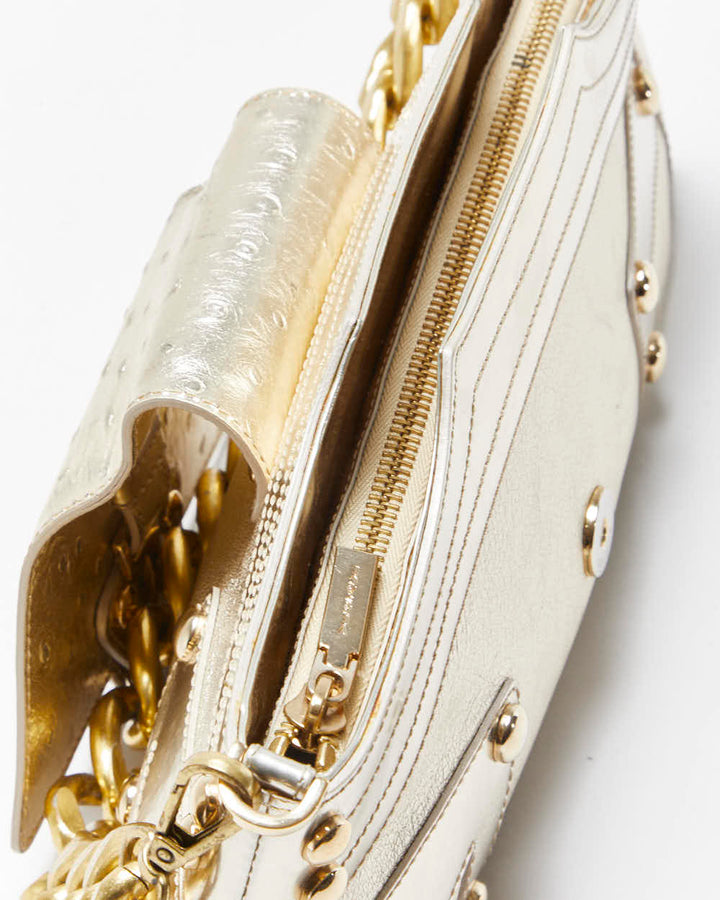 Vintage Versace La Medusa Ostrich Leather Metallic Baguette Shoulder Bag