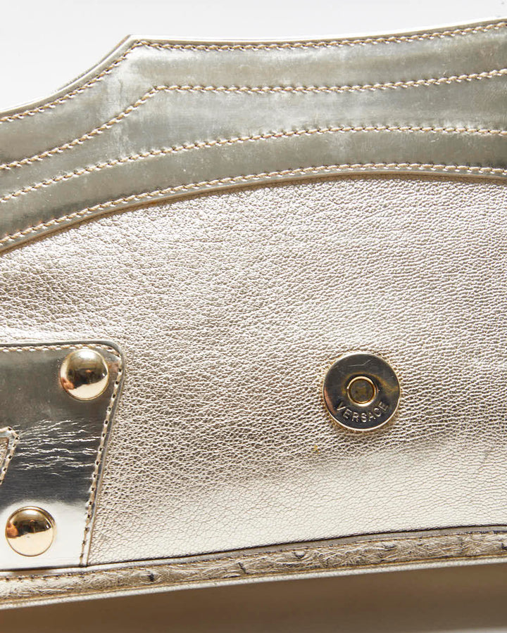 Vintage Versace La Medusa Ostrich Leather Metallic Baguette Shoulder Bag