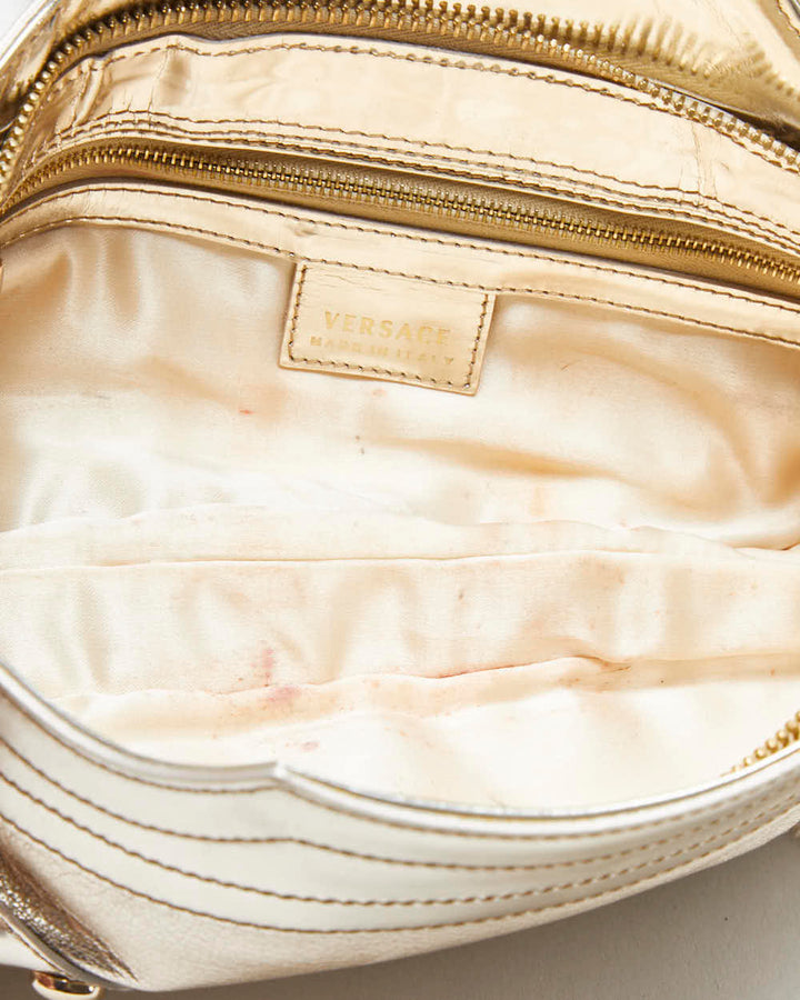 Vintage Versace La Medusa Ostrich Leather Metallic Baguette Shoulder Bag