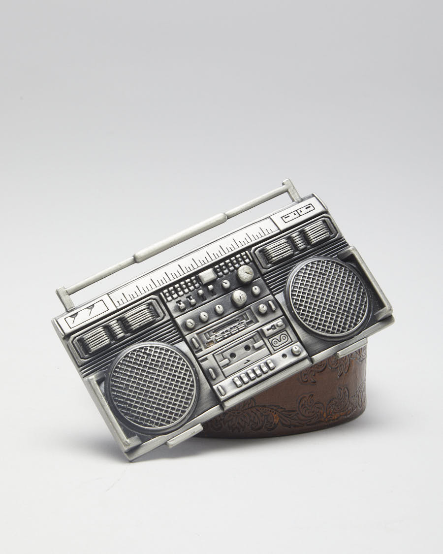 Y2K 00s Travis Barker Famous Stars &amp; Strap Brown Leather Boombox Belt - W40