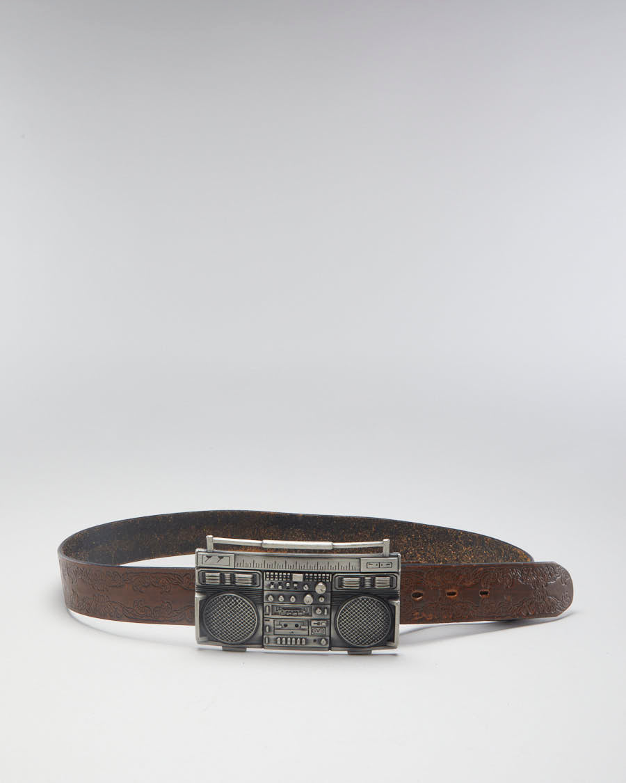 Y2K 00s Travis Barker Famous Stars &amp; Strap Brown Leather Boombox Belt - W40