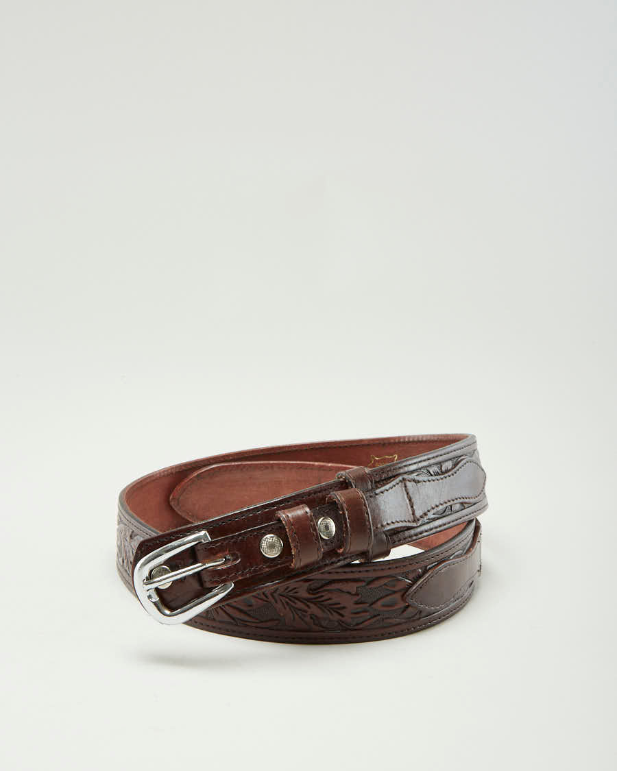 Vintage 80s Brown Floral Leather Belt - W32